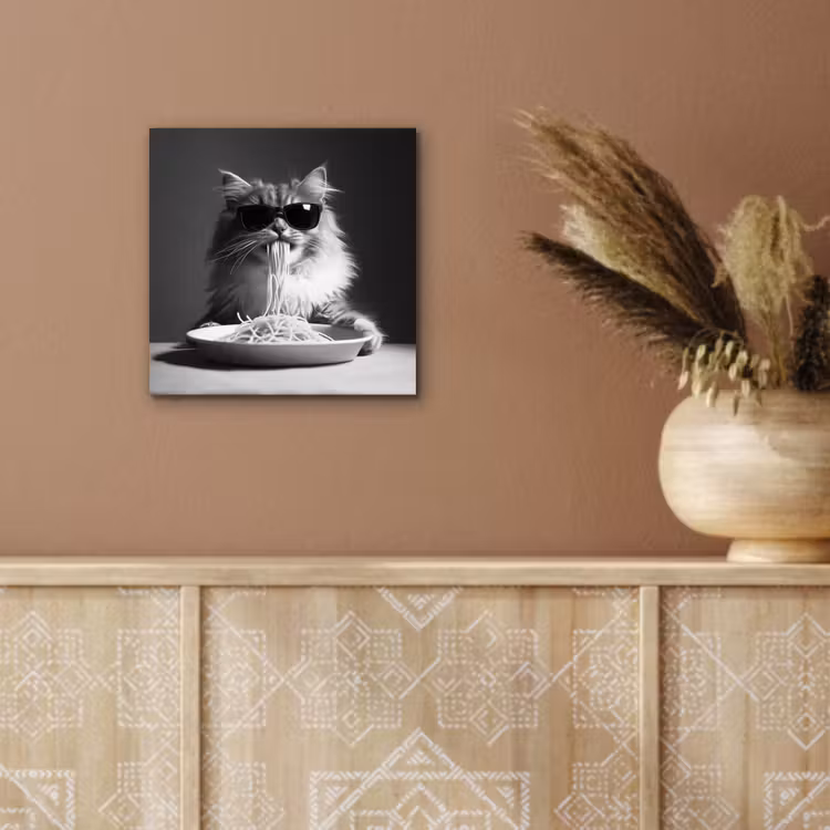 Langharige kat - Zonnebril - Spaghetti - Humor - Zwart - wit aluminium wit klein -sfeer4