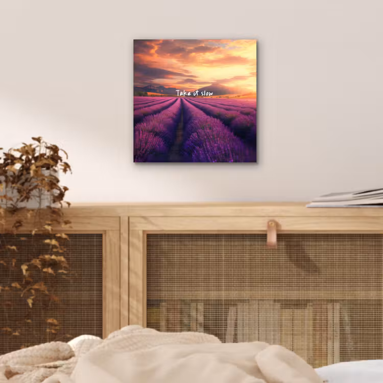 Lavendelveld - Quote - Zonsondergang aluminium wit klein -sfeer3