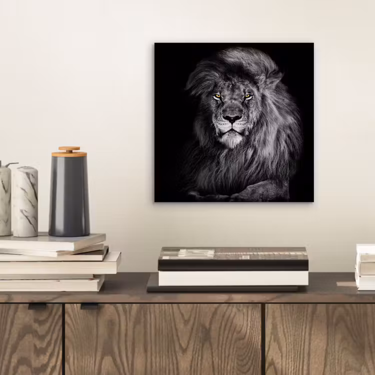 Leeuw - Ogen - Oranje - Zwart wit - Dieren - Portret aluminium wit klein -sfeer1
