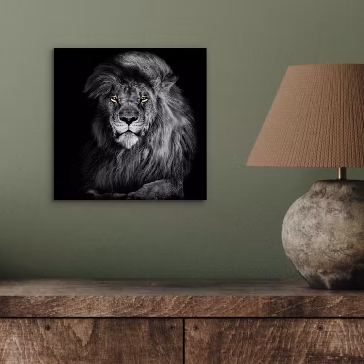 Leeuw - Ogen - Oranje - Zwart wit - Dieren - Portret aluminium wit klein -sfeer2