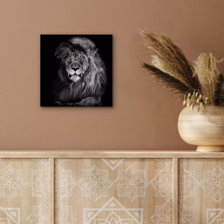 Leeuw - Ogen - Oranje - Zwart wit - Dieren - Portret aluminium wit klein -sfeer4