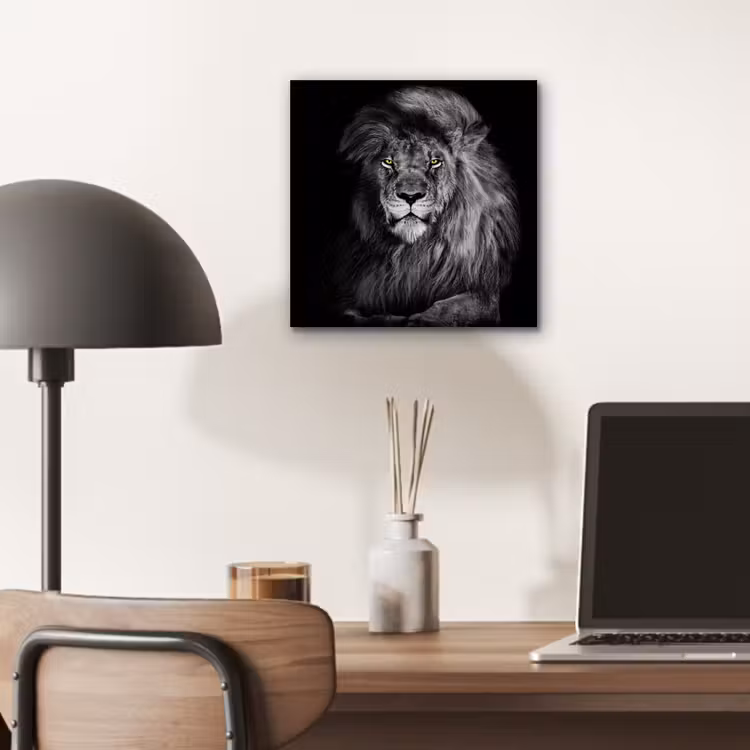Leeuw - Ogen - Oranje - Zwart wit - Dieren - Portret aluminium wit klein -sfeer5