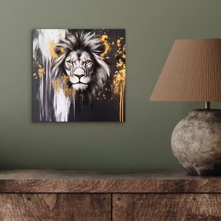 Leeuw - Portret - Verfspatten - Grijs aluminium wit klein -sfeer2