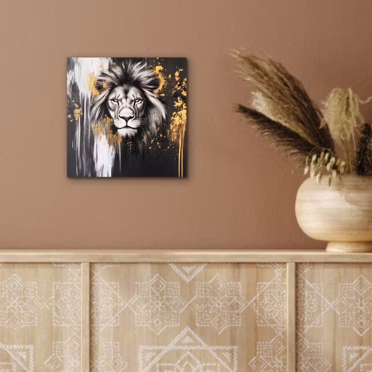 Leeuw - Portret - Verfspatten - Grijs aluminium wit klein -sfeer4