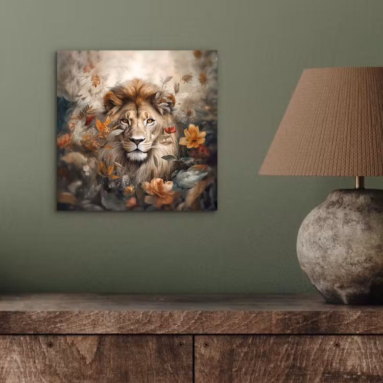 Leeuw - Wilde dieren - Planten - Natuur - Bloemen aluminium wit klein -sfeer2