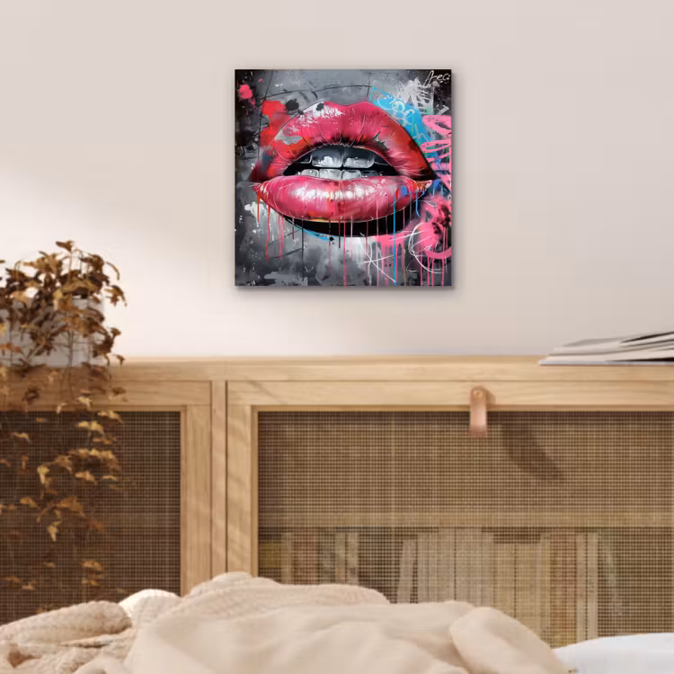 Lippen - Felroze - Graffiti - Verfstrepen aluminium wit klein -sfeer3