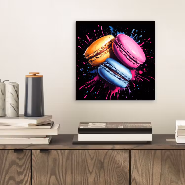 Macarons - Dessert - Graffiti - Kleurrijk - Roze - Blauw - Geel aluminium wit klein -sfeer1