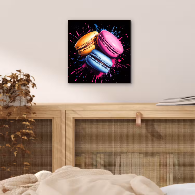 Macarons - Dessert - Graffiti - Kleurrijk - Roze - Blauw - Geel aluminium wit klein -sfeer3