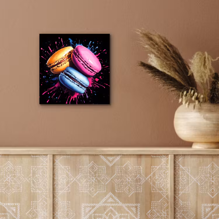 Macarons - Dessert - Graffiti - Kleurrijk - Roze - Blauw - Geel aluminium wit klein -sfeer4