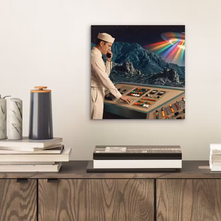 Aluminium schilderij - Man - Controlekamer - Strand - Man - Controlekamer - Strand aluminium wit klein