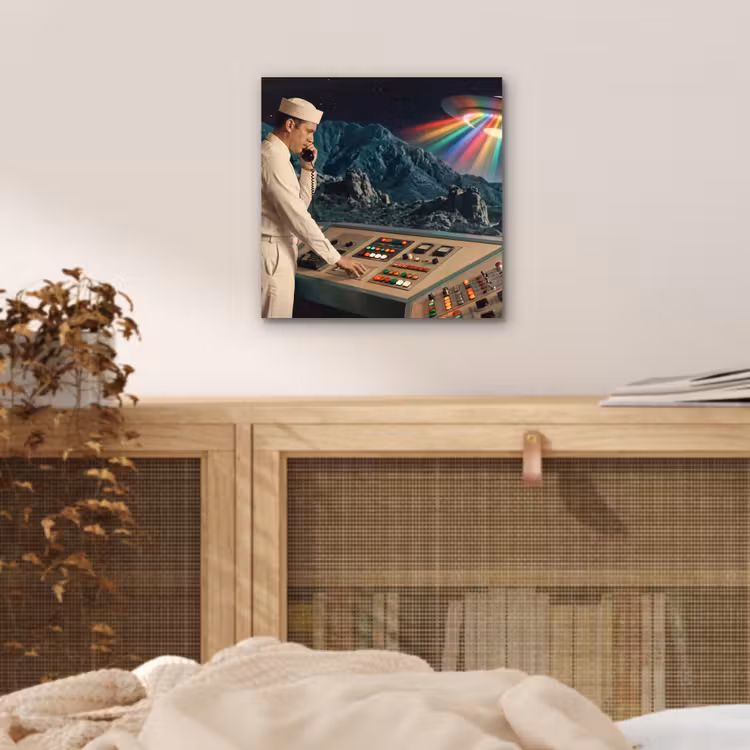 Aluminium schilderij - Man - Controlekamer - Strand - Man - Controlekamer - Strand aluminium wit klein