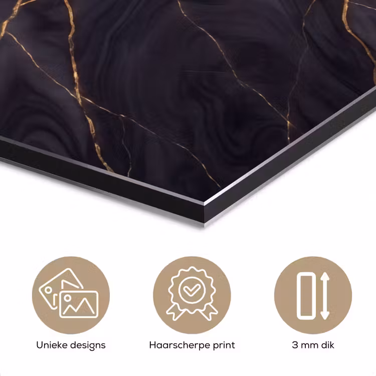 Marmer - Goudaders - Abstract - Modern - Zwart aluminium wit klein -closeup_NL