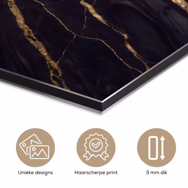 Marmer - Gouden aders - Abstract - Zwart aluminium wit klein -closeup_NL