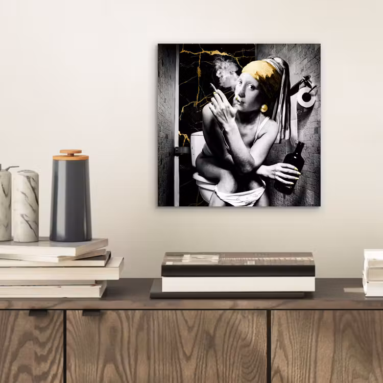 Marmerlook - Meisje met de parel - Sigaretten - Toilet - Goud - Kunst - Oude meesters aluminium wit klein -sfeer1