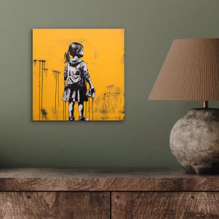 Meisje - Boek - Gele Muur - Graffiti aluminium wit klein -sfeer2