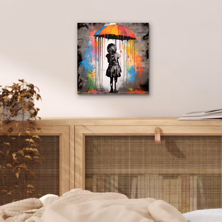 Meisje - Kunst - Paraplu - Graffiti - Kleuren - Muur aluminium wit klein -sfeer3