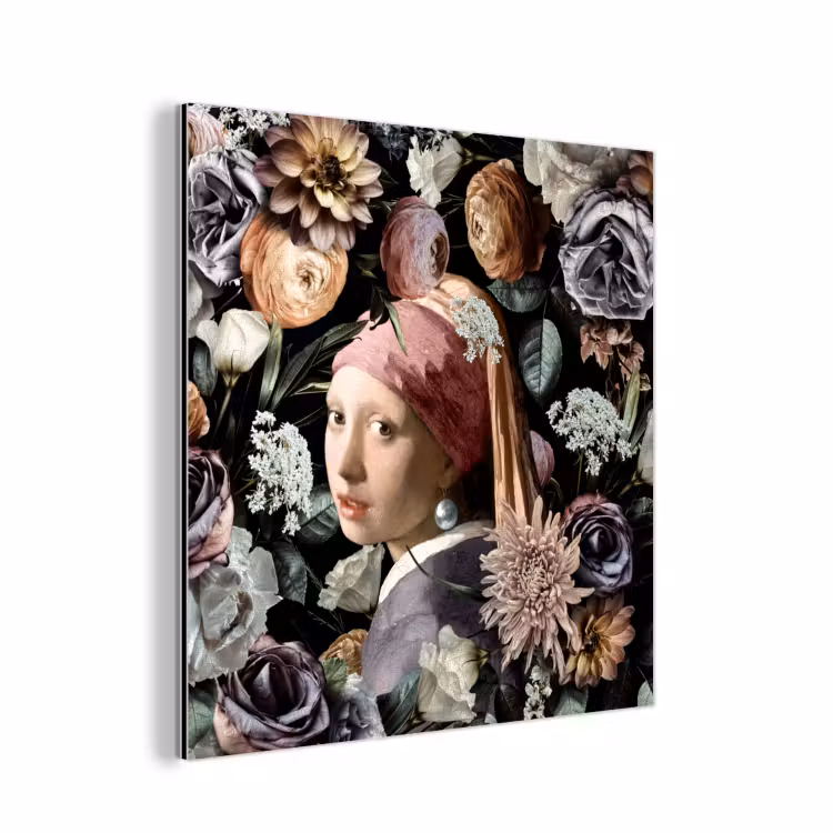 Meisje met de parel - Bloemen - Vermeer - Pastel - Kunstwerk - Schilderij - Oude meesters aluminium wit klein -3d