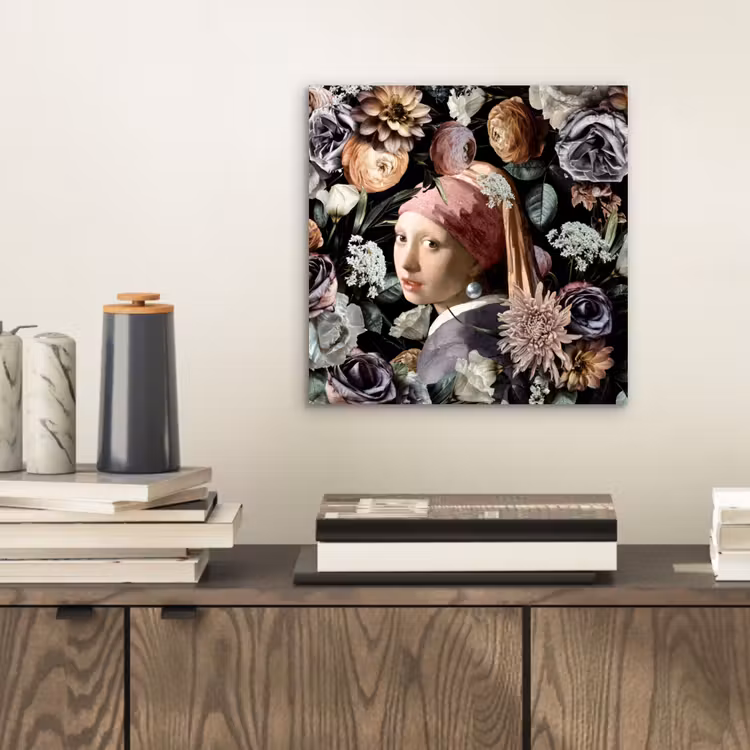 Meisje met de parel - Bloemen - Vermeer - Pastel - Kunstwerk - Schilderij - Oude meesters aluminium wit klein -sfeer1