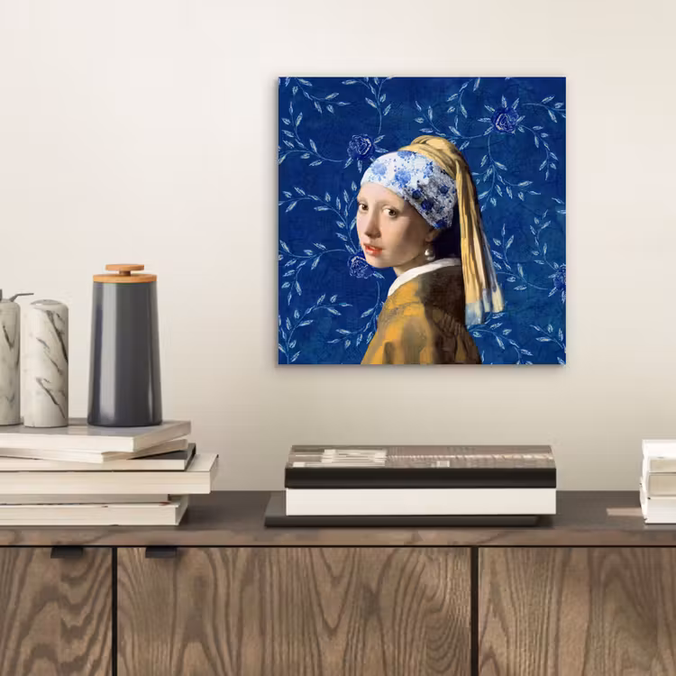 Meisje met de parel - Delfts blauw - Vermeer - Bloemen - Schilderij - Oude meesters aluminium wit klein -sfeer1