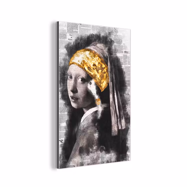 Meisje met de parel - Johannes Vermeer - Krant - Goud aluminium wit klein -3d