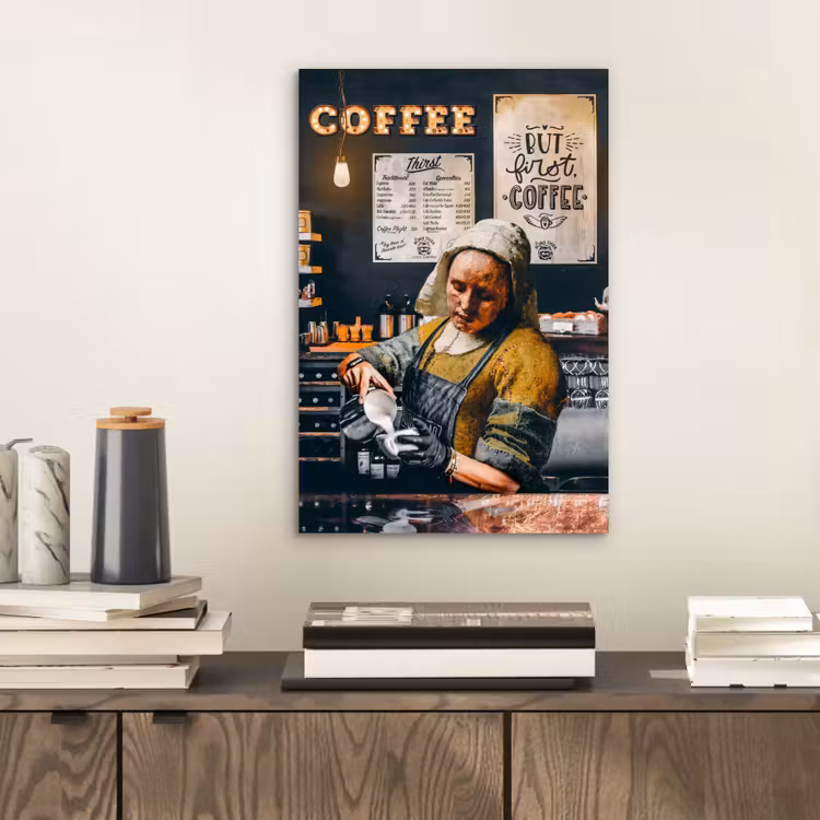 Melkmeisje - Barista - Koffie - Vintage - Kunst - Abstract - Schilderij - Oude meesters aluminium wit klein -sfeer1