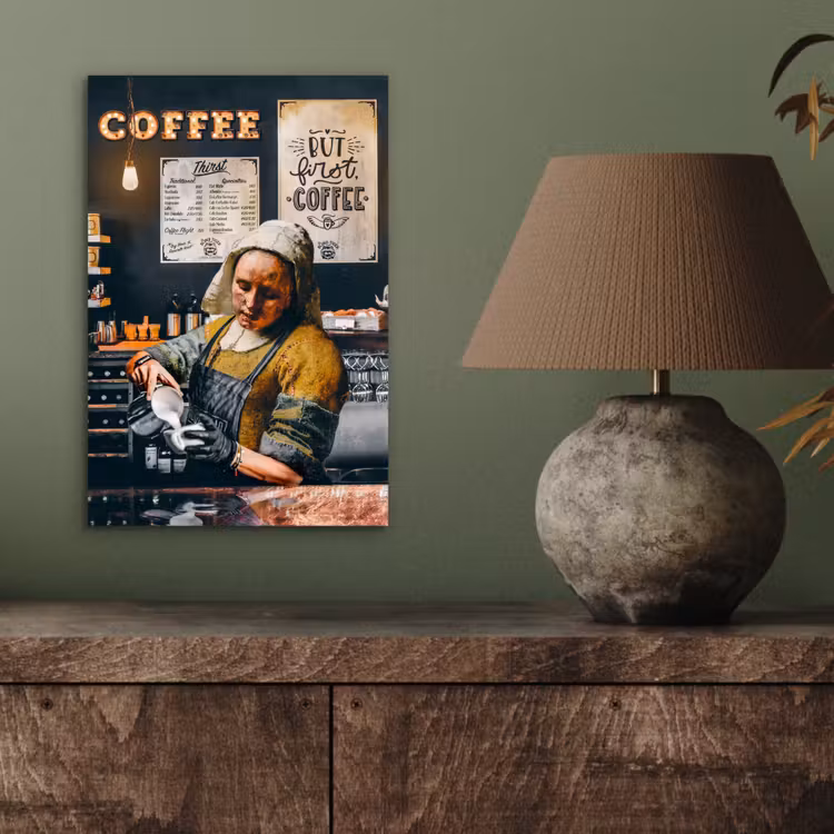 Melkmeisje - Barista - Koffie - Vintage - Kunst - Abstract - Schilderij - Oude meesters aluminium wit klein -sfeer2