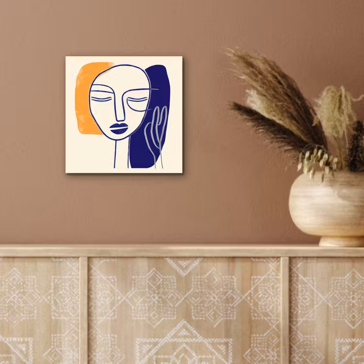 Minimalistisch - Gezicht - Hand - Oranje - Blauw aluminium wit klein -sfeer4