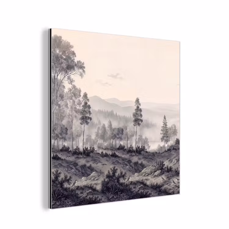 Mistig - Berglandschap - Illustratie aluminium wit klein -3d