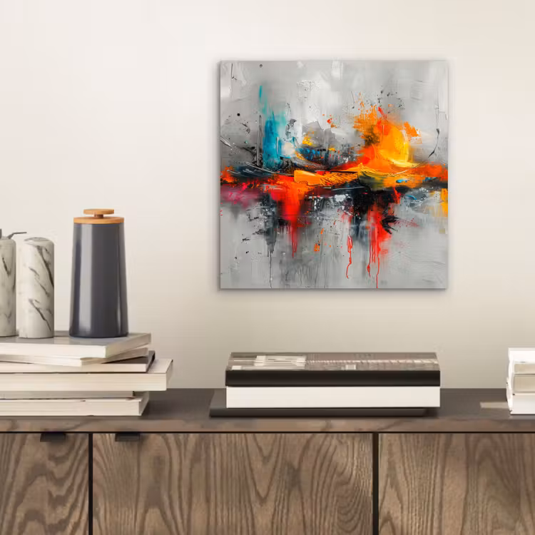 Moderne kunst - Oranje - Grijs - Abstract aluminium wit klein -sfeer1