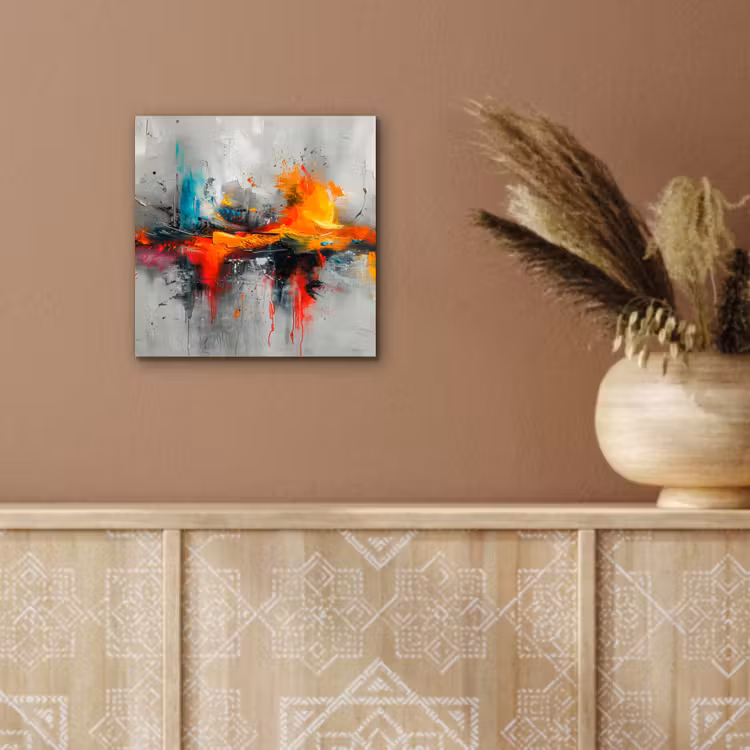 Moderne kunst - Oranje - Grijs - Abstract aluminium wit klein -sfeer4