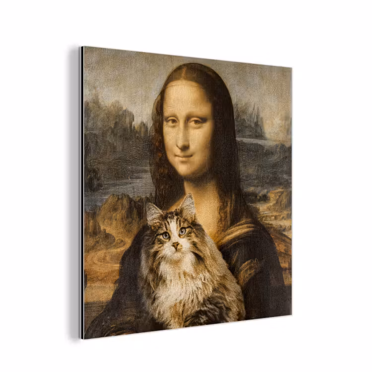 Mona Lisa - Kat - Leonardo da Vinci - Vintage - Kunstwerk - Oude meesters - Schilderij aluminium wit klein -3d