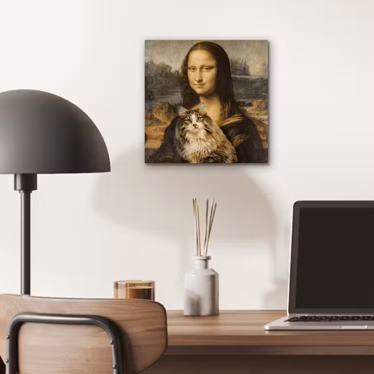 Mona Lisa - Kat - Leonardo da Vinci - Vintage - Kunstwerk - Oude meesters - Schilderij aluminium wit klein -sfeer5