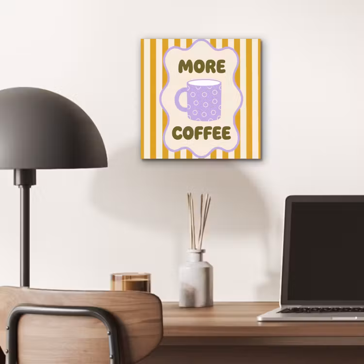 More coffee - Geel - Paars - Strepen - Mok aluminium wit klein -sfeer5