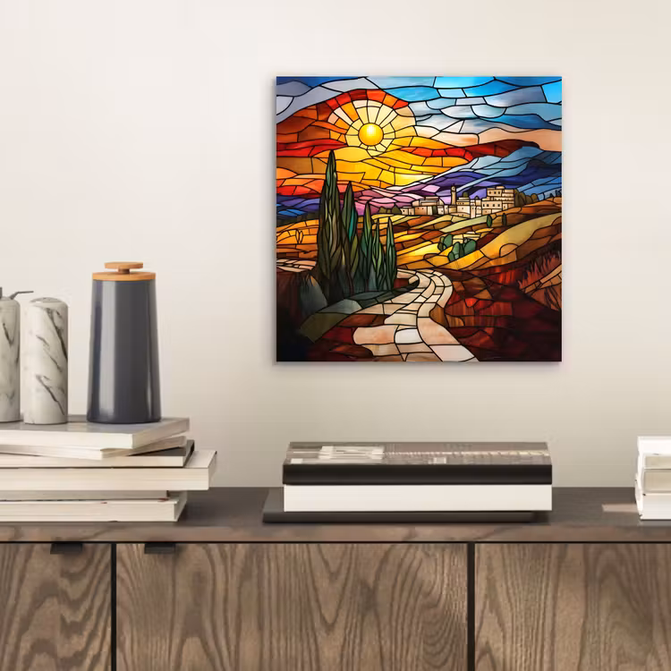 Mozaïek - Zon - Landschap - Dorp aluminium wit klein -sfeer1