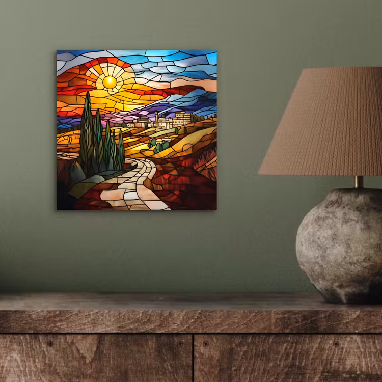 Mozaïek - Zon - Landschap - Dorp aluminium wit klein -sfeer2
