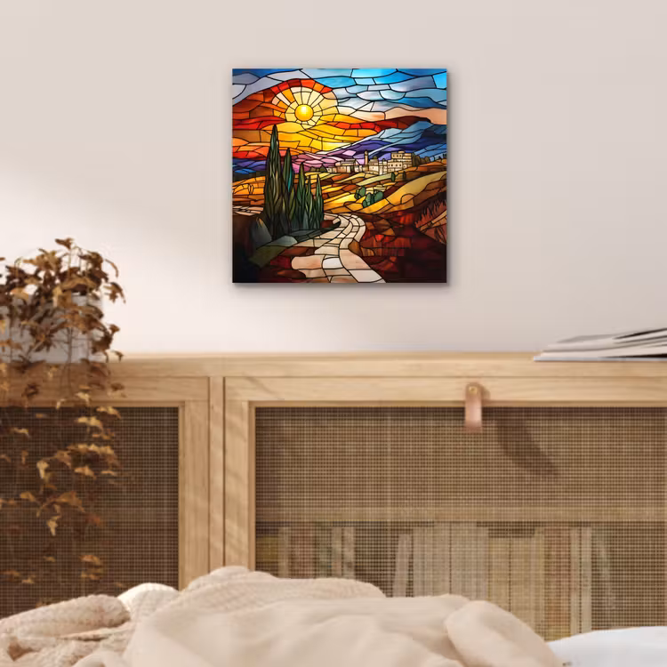 Mozaïek - Zon - Landschap - Dorp aluminium wit klein -sfeer3