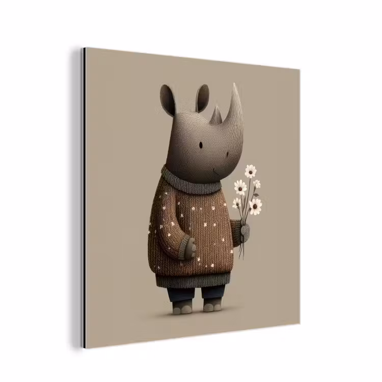 Neushoorn - Witte bloemen - Lief aluminium wit klein -3d