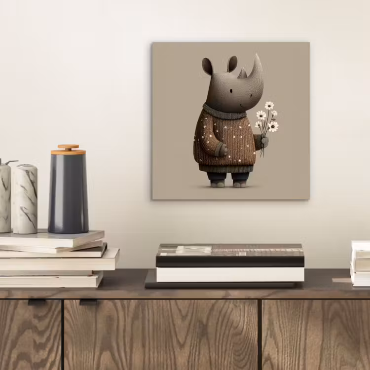 Neushoorn - Witte bloemen - Lief aluminium wit klein -sfeer1