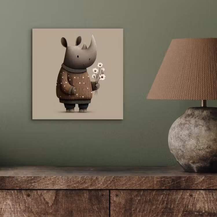 Neushoorn - Witte bloemen - Lief aluminium wit klein -sfeer2