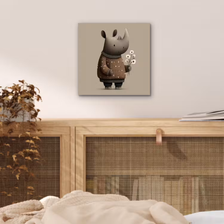 Neushoorn - Witte bloemen - Lief aluminium wit klein -sfeer3