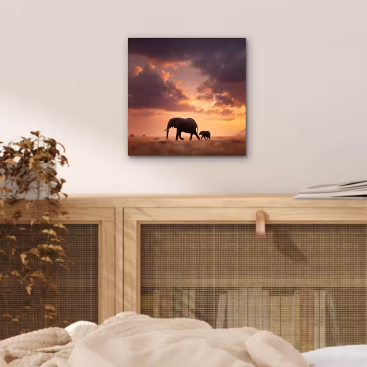 Olifanten - Grasland - Zonsondergang aluminium wit klein -sfeer3