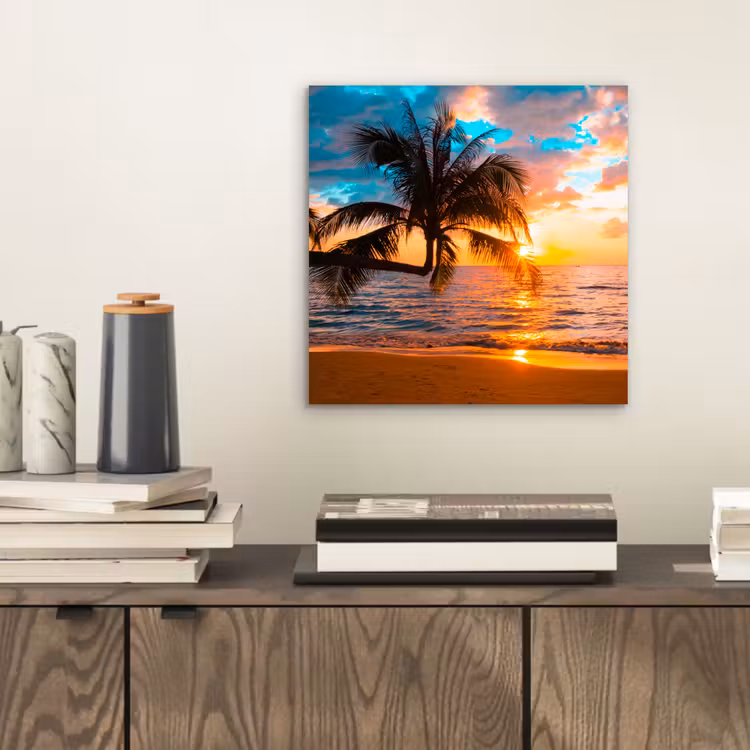 Palme - Sonnenuntergang - Horizont - Strand - Meer - Tropisch aluminium wit klein -sfeer1