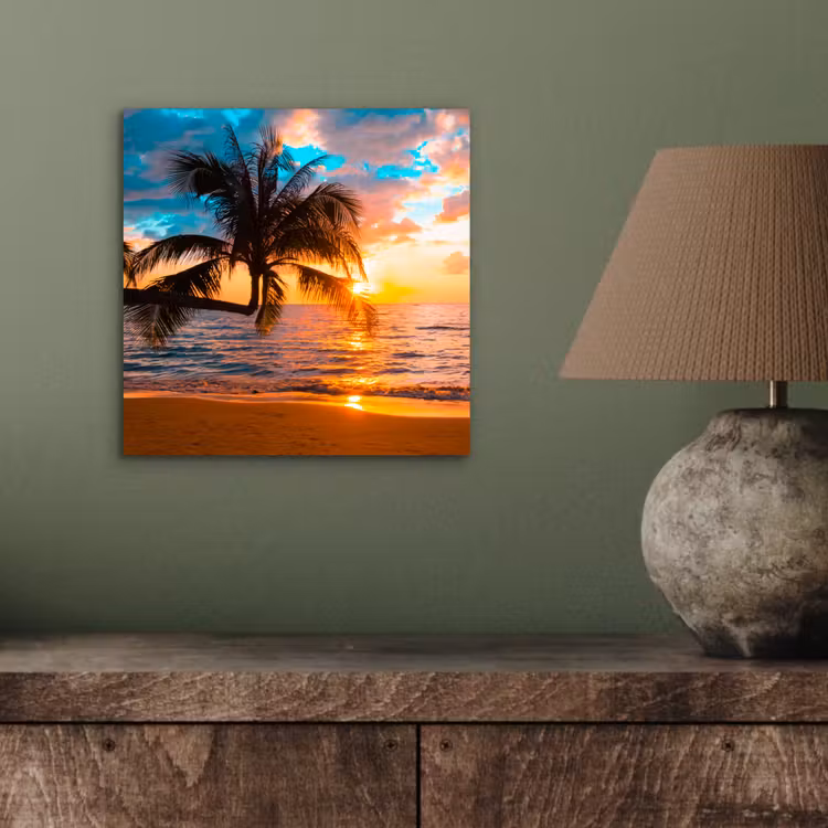 Palme - Sonnenuntergang - Horizont - Strand - Meer - Tropisch aluminium wit klein -sfeer2