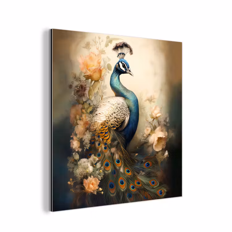 Pauw - Pauwenveren - Bloemen - Vogels - Botanisch aluminium wit klein -3d