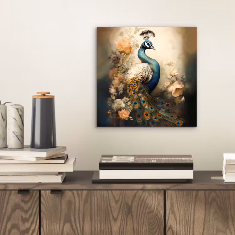 Pauw - Pauwenveren - Bloemen - Vogels - Botanisch aluminium wit klein -sfeer1