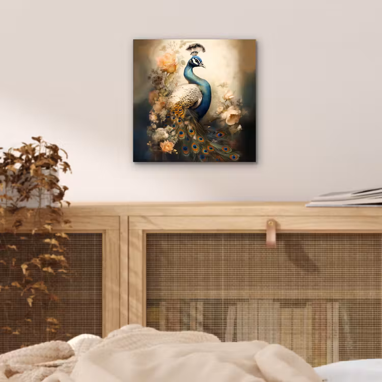Pauw - Pauwenveren - Bloemen - Vogels - Botanisch aluminium wit klein -sfeer3