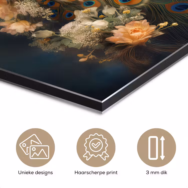 Pauw - Pauwenveren - Bloemen - Vogels - Botanisch aluminium wit klein -closeup_NL