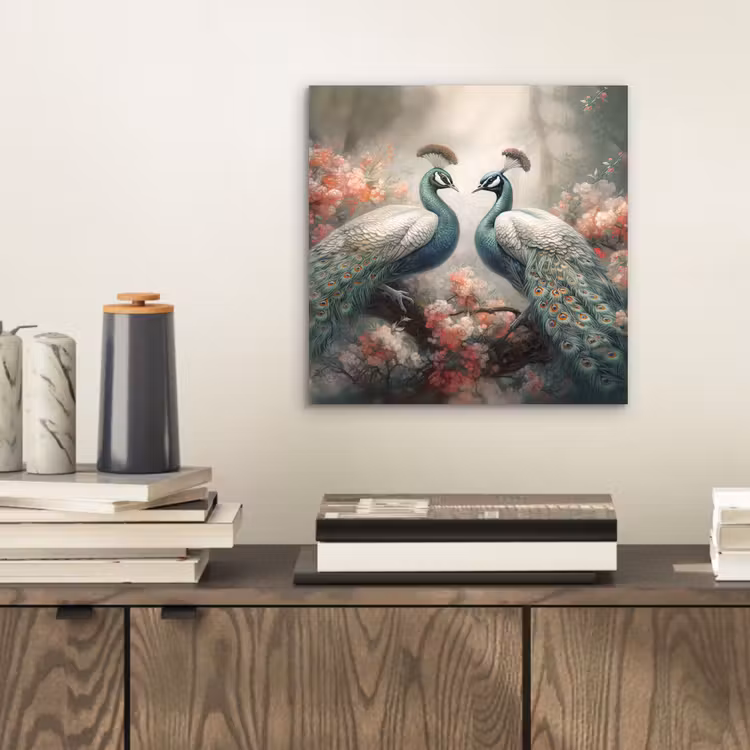 Pauwen - Pauwenveren - Vogels - Bloemen - Natuur aluminium wit klein -sfeer1