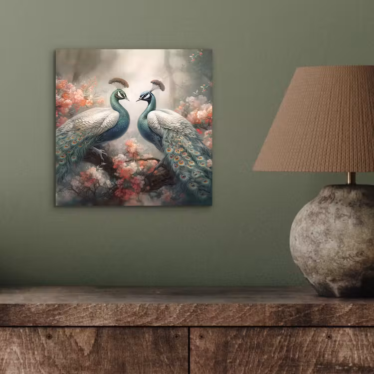 Pauwen - Pauwenveren - Vogels - Bloemen - Natuur aluminium wit klein -sfeer2