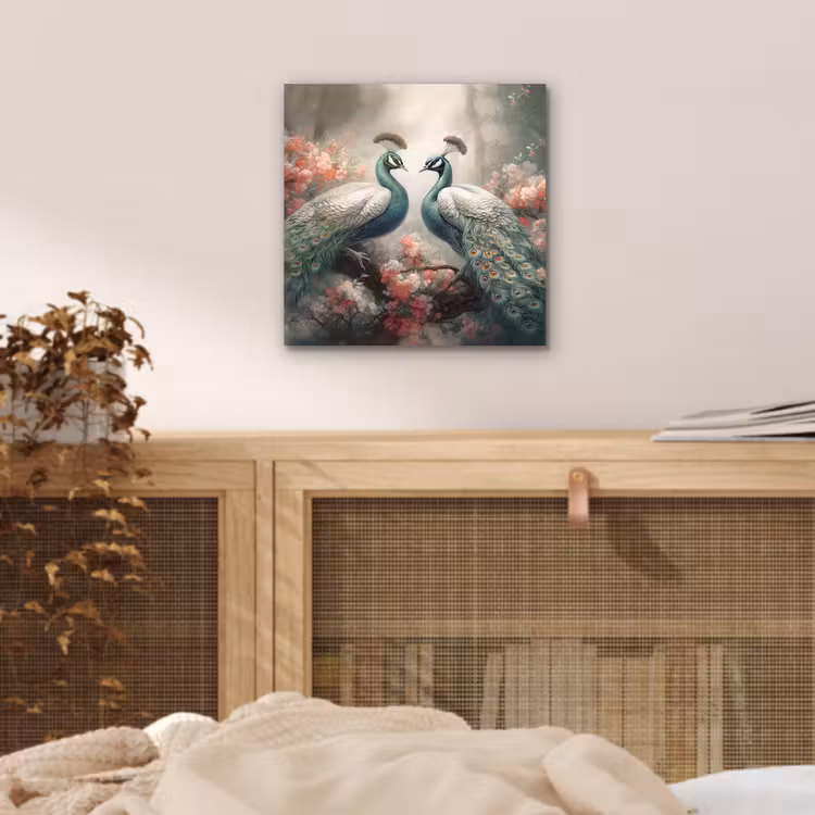 Pauwen - Pauwenveren - Vogels - Bloemen - Natuur aluminium wit klein -sfeer3